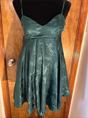 Satin Jacquard Forest Green Spaghetti Strap Mini Dress
